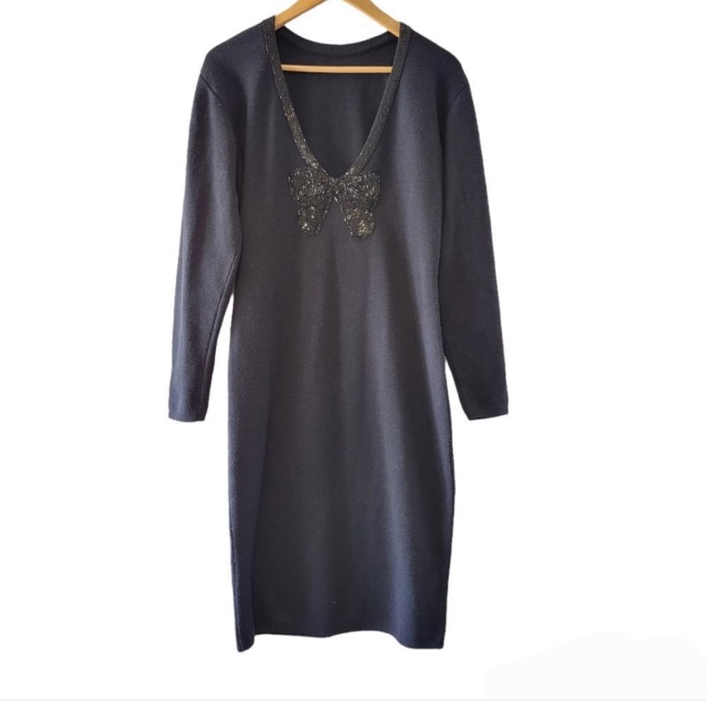 Algo Boutique Vintage Style Bodycon Midi Wool Navy Blue Dress Size Medium.